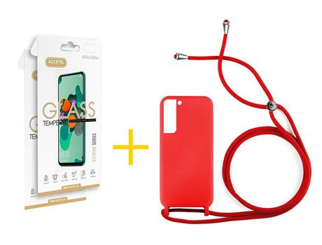 Pack 2 X Protector de Vidrio Templado 2.5D + Funda ACCETEL para Samsung Galaxy S21 FE 5G Gel con Cordón Verde