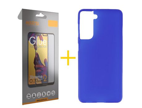 Pack 1 X Protector de Vidrio Templado Full + Funda ACCETEL para Samsung Galaxy S21 FE 5G Silicona Liso Azul