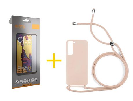 Pack 1 X Protector de Vidrio Templado Full + Funda ACCETEL para Samsung Galaxy S21 FE 5G Gel con Cordón Rosa Pastel