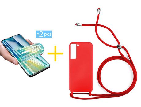 Pack 2 X Protector de Vidrio Templado Hidrogel + Funda ACCETEL para Samsung Galaxy S21 FE 5G Gel con Cordón Rojo