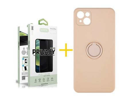 Pack 1 X Protector de Vidrio Templado Anti espía + Funda ACCETEL para iPhone 13 Mini Gel O-Ring Rosa Pastel