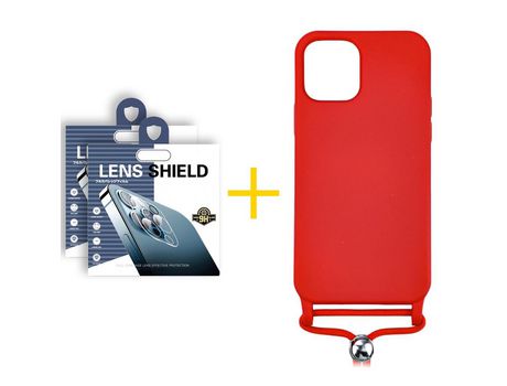 Pack 2 Películas de Cámara Trasera + Funda SKYHE para Apple iPhone 13 Pro Max Gel con Cordón Rojo
