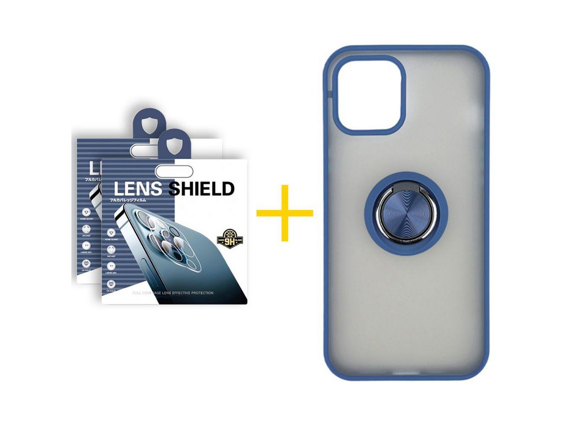 Pack 2 Películas de Cámara Trasera + Funda SKYHE para Apple iPhone 13 Gel Bumper con Anillo Azul