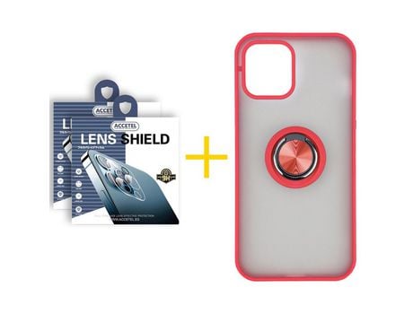 Pack 2 X Protector de Cámara Trasera + Funda ACCETEL para iPhone 13 Pro Gel Bumper con Anillo Rojo
