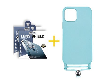 Pack 2 X Protector de Cámara Trasera + Funda ACCETEL para iPhone 13 Pro Gel con Cordón Agua Verde