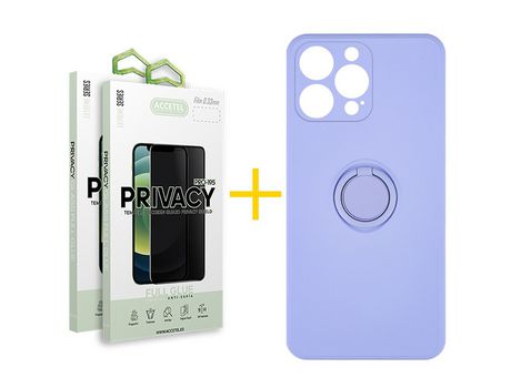 Pack 2 X Protector de Vidrio Templado Anti espía + Funda ACCETEL para iPhone 13 Pro Gel O-Ring Morado