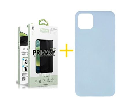 Pack 1 x Protector de Vidrio Templado Anti espía + Funda ACCETEL para iPhone 12 Silicona Líquida Azul Claro