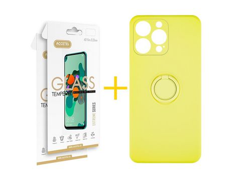 Pack 2 x Protector de Vidrio Templado 2.5D + Funda ACCETEL para iPhone 12 Pro Gel O-Ring Amarillo