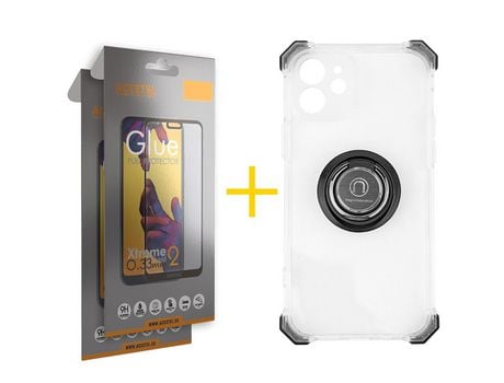 Pack 2 x Protector de Vidrio Templado Full + Funda ACCETEL para iPhone 12 Gel Bumper con Anillo Rojo