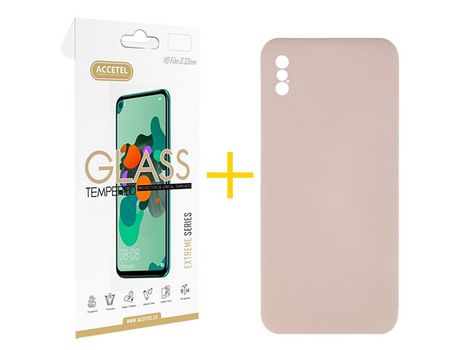 Pack 1 X Protector de Vidrio Templado 2.5D + Funda ACCETEL para iPhone X / XS Silicona Líquida Rosa