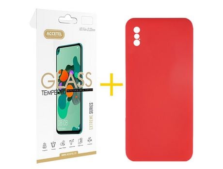 Pack 1 X Protector de Vidrio Templado 2.5D + Funda ACCETEL para iPhone XS Max Silicona Líquida Rojo