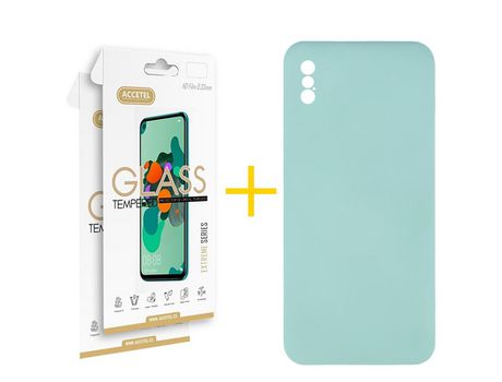 Pack 2 X Protector de Vidrio Templado 2.5D + Funda ACCETEL para iPhone XS Max Silicona Líquida Verde-Agua