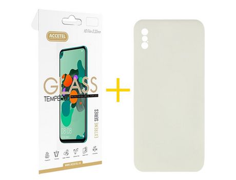 Pack 1 X Protector de Vidrio Templado 2.5D + Funda ACCETEL para iPhone XS Max Silicona Líquida Arena