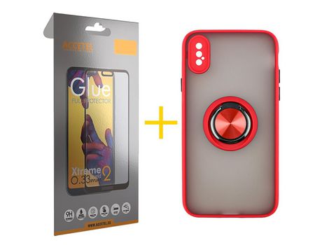 Pack 1 X Protector de Vidrio Templado Full + Funda ACCETEL para iPhone XS Max Gel Bumper con Anillo Rojo