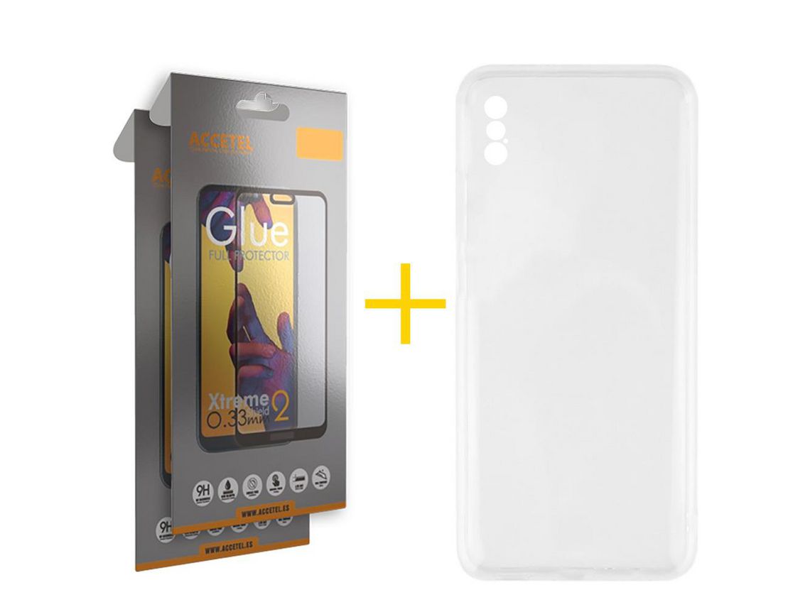 Pack 2 X Protector de Vidrio Templado Full + Funda ACCETEL para iPhone XS Max Silicona Líquida Transparente Clear