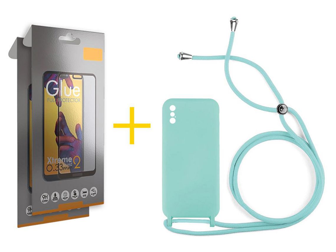 Pack 2 Películas Full + Funda SKYHE por Apple iPhone XS Max Gel con Cordón Agua Verde