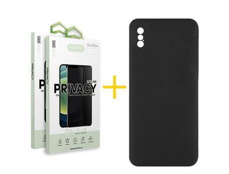 Pack 2 X Protector de Vidrio Templado Anti espía + Funda ACCETEL para iPhone X / XS Silicona Líquida Negro