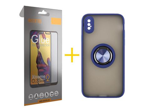 Pack 1 X Protector de Vidrio Templado Full + Funda ACCETEL para iPhone XR Gel Bumper con Anillo Azul