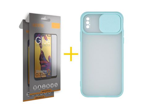 Pack 2 X Protector de Vidrio Templado Full + Funda ACCETEL para iPhone XS Max Gel Protección Cámara Verde-Mar