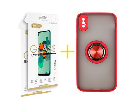 Pack 2 X Protector de Vidrio Templado 2.5D + Funda ACCETEL para iPhone XS Max Gel Bumper con Anillo Rojo