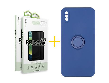 Pack 2 X Protector de Vidrio Templado Anti espía + Funda ACCETEL para iPhone XS Max Gel O-Ring Azul