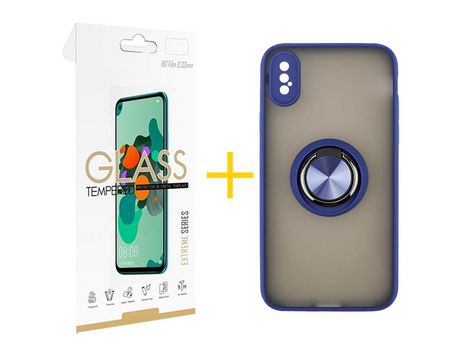 Pack 1 Película 2.5D + Funda SKYHE por Apple iPhone XS Max Gel Bumper con Anillo Azul