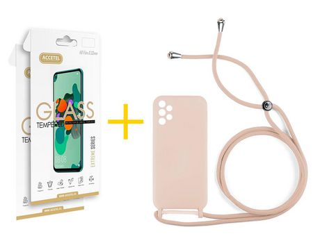Pack 2 X Protector de Vidrio Templado 2.5D + Funda ACCETEL para Samsung Galaxy A52 5G Gel con Cordón Rosa Pastel