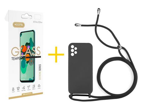 Pack 1 X Protector de Vidrio Templado 2.5D + Funda ACCETEL para Samsung Galaxy A72 5G Gel con Cordón Negro