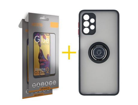 Pack 2 X Protector de Vidrio Templado Full + Funda ACCETEL para Samsung Galaxy A52 5G Gel Bumper con Anillo Negro