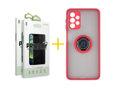 Pack 2 Películas Antiespia + Funda SKYHE por Samsung Galaxy A32 5G Gel Bumper con Anillo Rojo