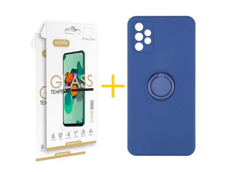 Pack 2 X Protector de Vidrio Templado 2.5D + Funda ACCETEL para Samsung Galaxy A52 S 5G Gel O-Ring Azul