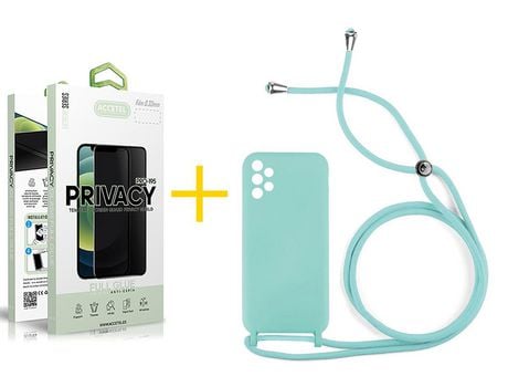 Pack 1 X Protector de Vidrio Templado Anti espía + Funda ACCETEL para Samsung Galaxy A32 4G Gel con Cordón Agua Verde