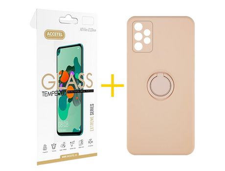 Pack 1 X Protector de Vidrio Templado 2.5D + Funda ACCETEL para Samsung Galaxy A52 S 5G Gel O-Ring Rosa Pastel