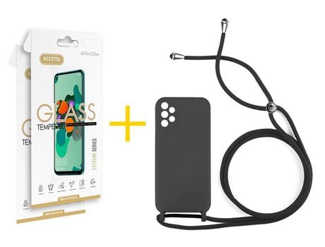 Pack 2 X Protector de Vidrio Templado 2.5D + Funda ACCETEL para Samsung Galaxy A72 5G Gel con Cordón Negro