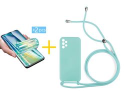 Pack 2 X Protector de Vidrio Templado Hidrogel + Funda ACCETEL para Samsung Galaxy A32 4G Gel con Cordón Agua Verde