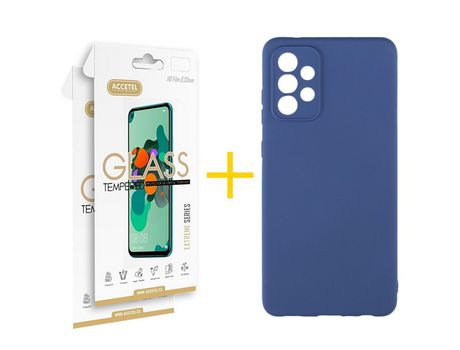 Pack 2 X Protector de Vidrio Templado 2.5D + Funda ACCETEL para Samsung Galaxy A33 5G Silicona Líquida Azul