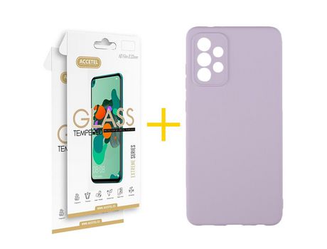 Pack 2 X Protector de Vidrio Templado 2.5D + Funda ACCETEL para Samsung Galaxy A33 5G Silicona Líquida Morado