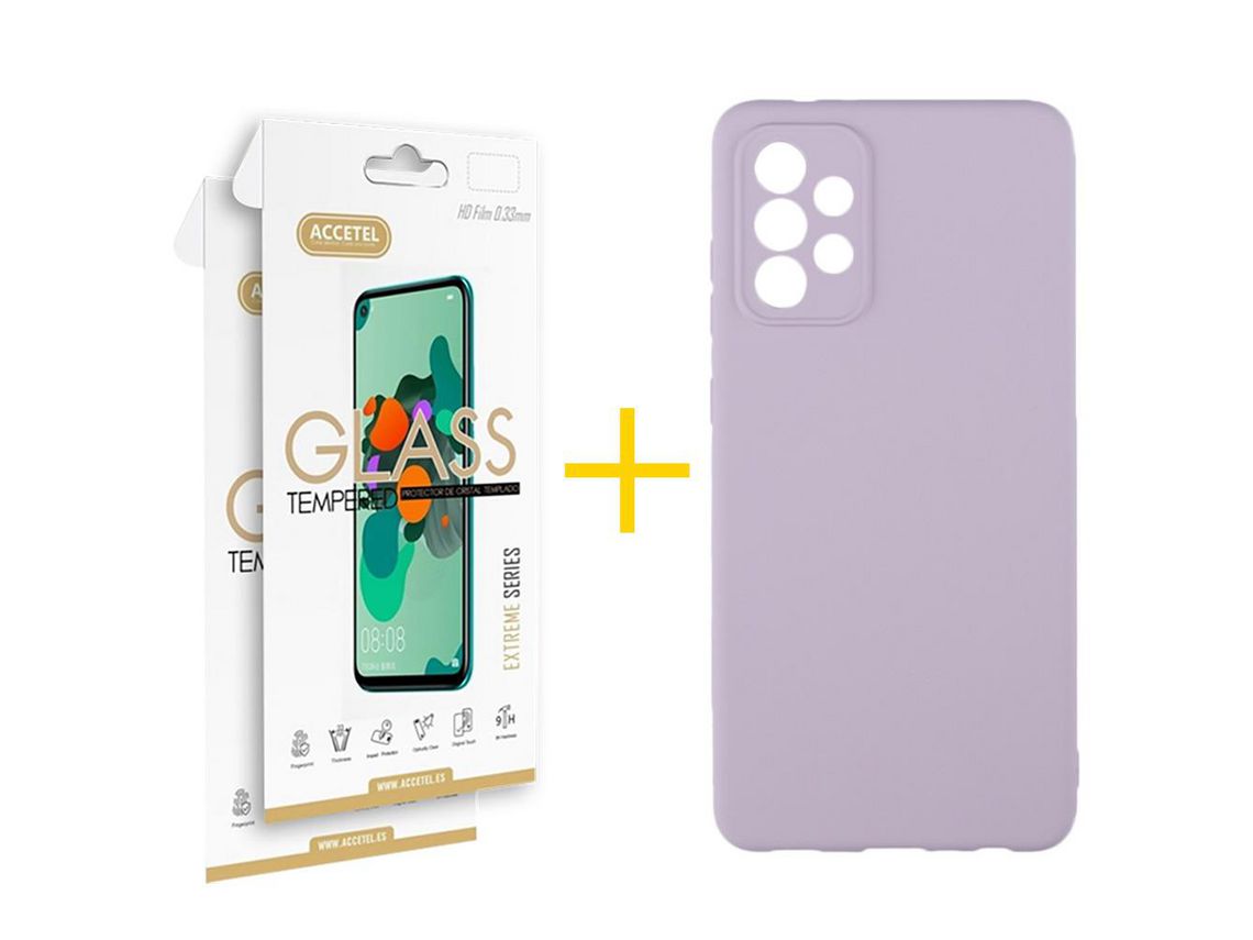 Pack 2 X Protector de Vidrio Templado 2.5D + Funda ACCETEL para Samsung Galaxy A23 5G Silicona Líquida Morado