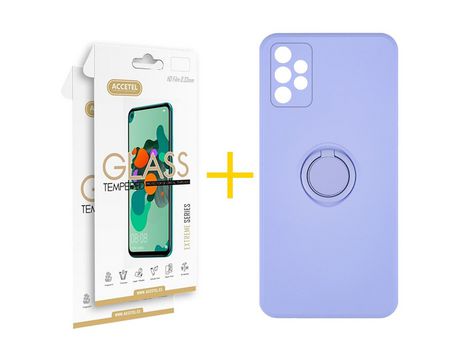 Pack 2 X Protector de Vidrio Templado 2.5D + Funda ACCETEL para Samsung Galaxy A72 5G Gel O-Ring Morado