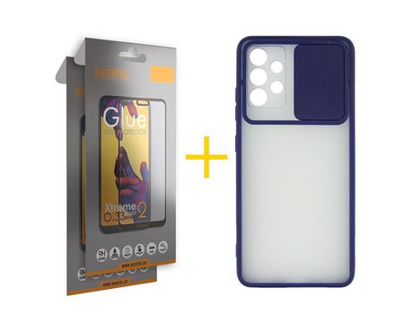 Pack 2 X Protector de Vidrio Templado Full + Funda ACCETEL para Samsung Galaxy A52 S 5G Gel Protección Cámara Azul Oscuro