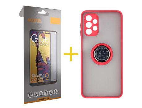 Pack 1 X Protector de Vidrio Templado Full + Funda ACCETEL para Samsung Galaxy A52 S 5G Gel Bumper con Anillo Rojo