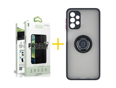 Pack 1 X Protector de Vidrio Templado Anti espía + Funda ACCETEL para Samsung Galaxy A52 S 5G Gel Bumper con Anillo Negro