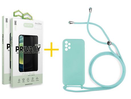 Pack 2 X Protector de Vidrio Templado Anti espía + Funda ACCETEL para Samsung Galaxy A32 4G Gel con Cordón Agua Verde