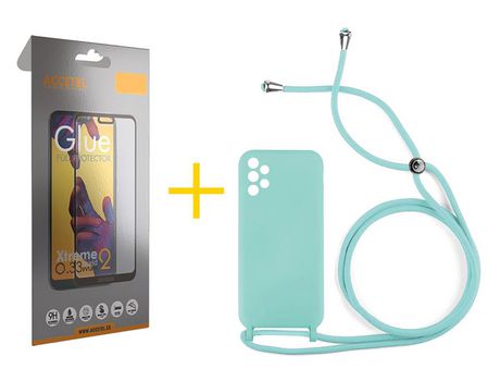 Pack 1 X Protector de Vidrio Templado Full + Funda ACCETEL para Samsung Galaxy A52 5G Gel con Cordón Agua Verde