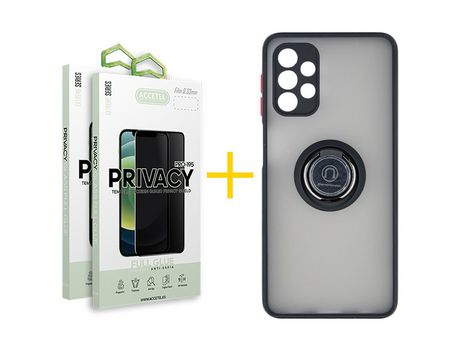 Pack 2 X Protector de Vidrio Templado Anti espía + Funda ACCETEL para Samsung Galaxy A52 S 5G Gel Bumper con Anillo Negro