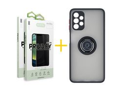 Pack 2 X Protector de Vidrio Templado Anti espía + Funda ACCETEL para Samsung Galaxy A52 5G Gel Bumper con Anillo Negro