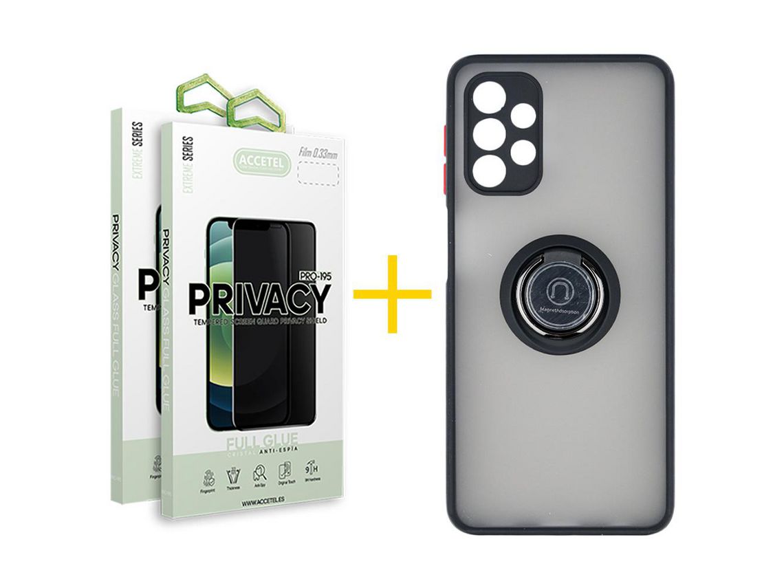 Pack 2 X Protector de Vidrio Templado Anti espía + Funda ACCETEL para Samsung Galaxy A52 5G Gel Bumper con Anillo Negro