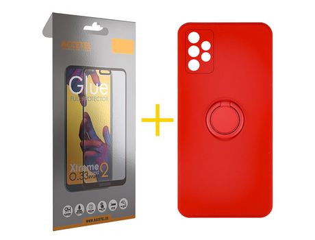 Pack 1 X Protector de Vidrio Templado Full + Funda ACCETEL para Samsung Galaxy A72 5G Gel O-Ring Rojo