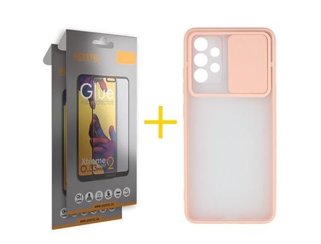 Pack 2 X Protector de Vidrio Templado Full + Funda ACCETEL para Samsung Galaxy A52 5G Gel Protección Cámara Rosa
