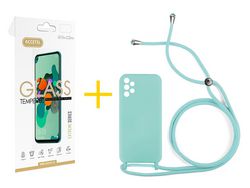 Pack 1 X Protector de Vidrio Templado 2.5D + Funda ACCETEL para Samsung Galaxy A72 5G Gel con Cordón Agua Verde